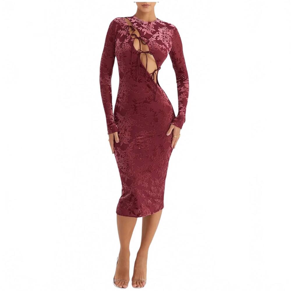 NEW MISTRESS ROCKS devoré velvet midi dress in mahogany